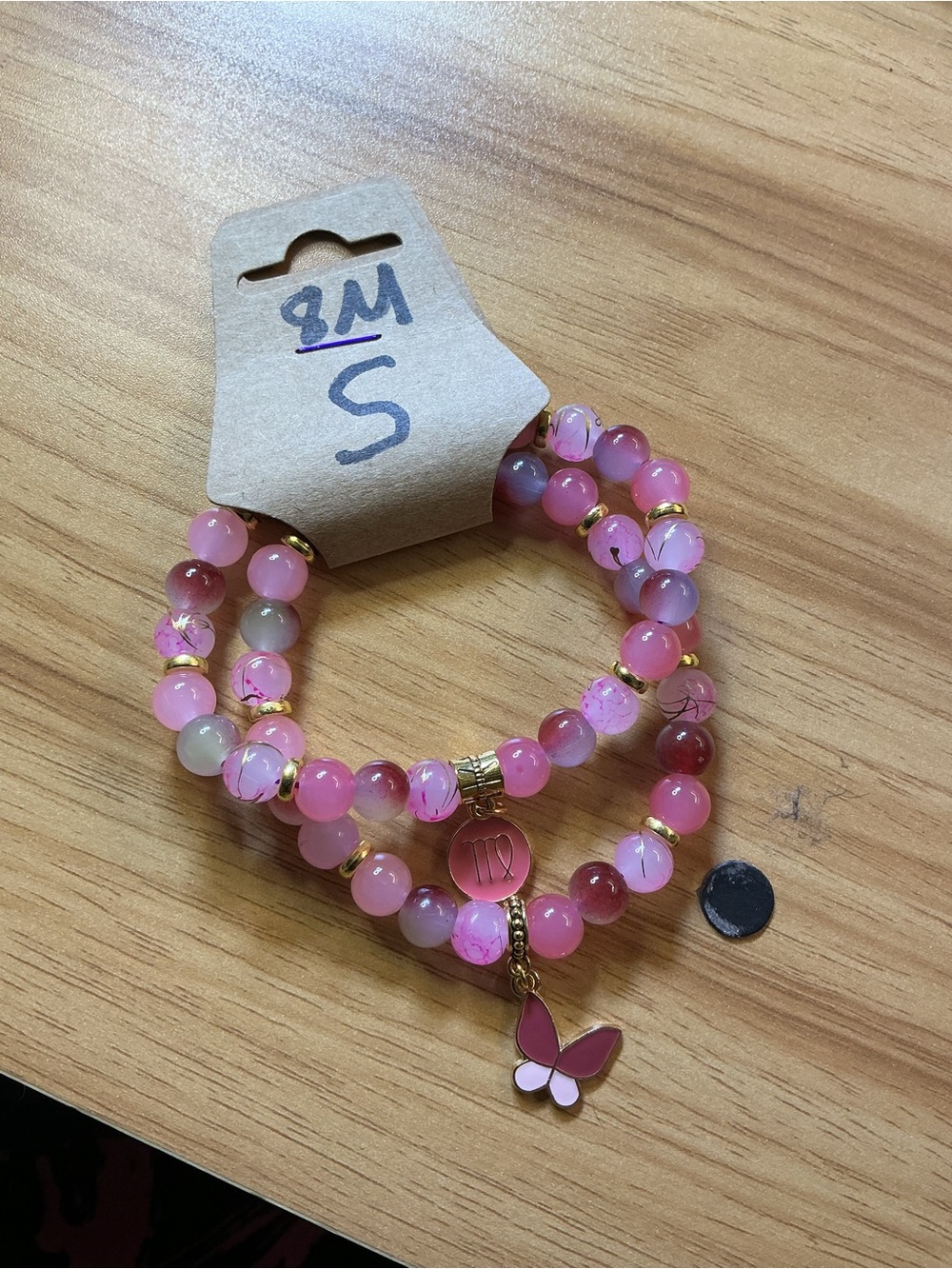 Pink Beaded Butterfly Charm Bracelet Set
